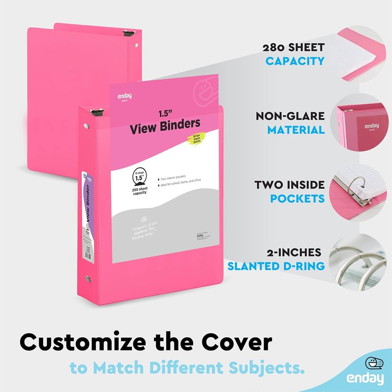 Enday 3 Ring Binder 1.5 Inch Pink, 1 ½ inch Binder Clear View Cover with 2 Inside Pockets, Colored School Supplies Office and Home – by - Image 5